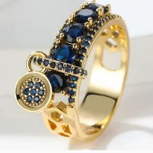 Elegant Golden and Blue Gemstones Ring Sz 8